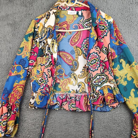 Womens Bell Sleeve Open Tie Front Kimono Medium Paisley Boho Whimsy Fairy Ruffle - Picture 3 of 11